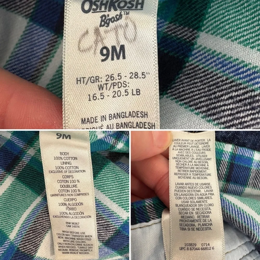 OshKosh B'Gosh Denim Bib Overalls‎ Vestbak Size 9 Mos. Plaid Flannel Lining Blue